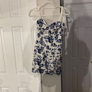 White & Blue Floral Tie-Shoulder Sundress